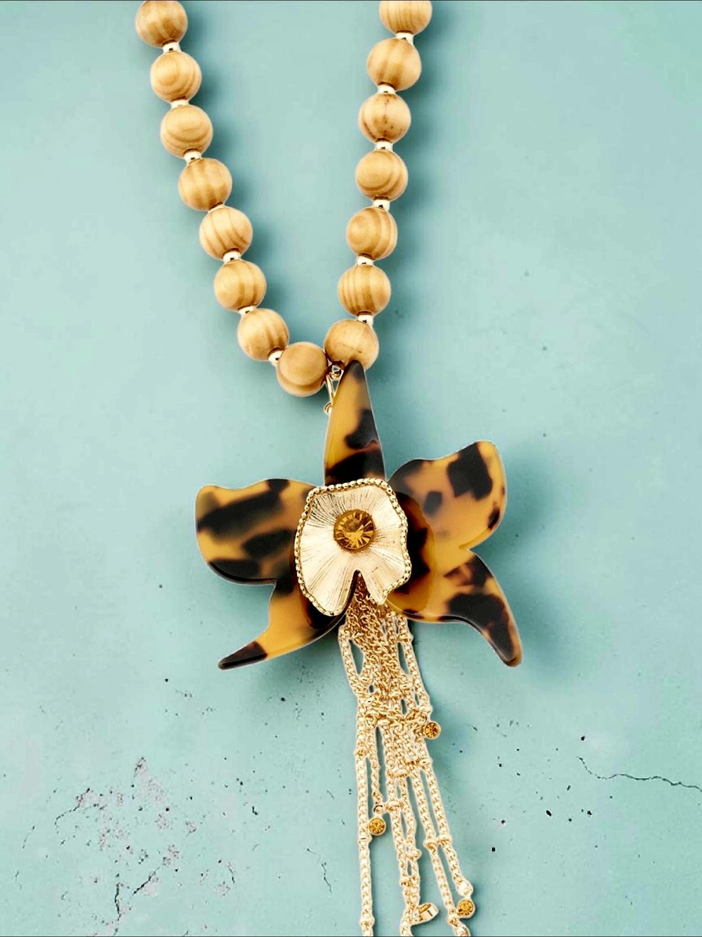 NEW Betsey Johnson Gold Plated Orchid 27 Inches Long Necklace Wood Beads NWT